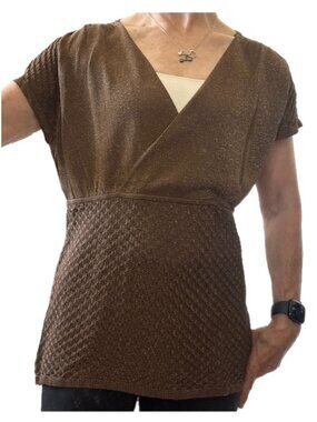 Wrap & Empire Waist Knit Top Short Sleeve Gold Metallic Brown Barrie Pace Sz M